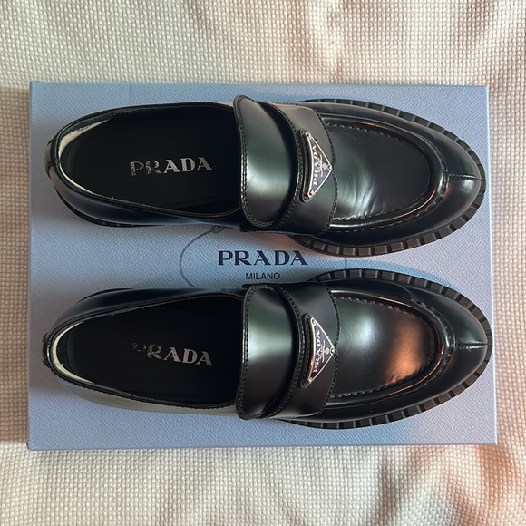 Prada chocolate brushed leather loafers (black). - Picture 9 of 12